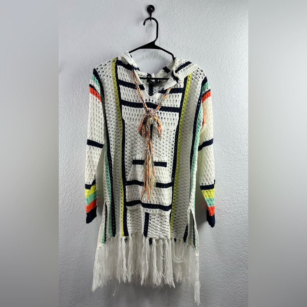Maglia Women’s Multicolored Baja Crochet tassel Knit Poncho Beach Cover up L